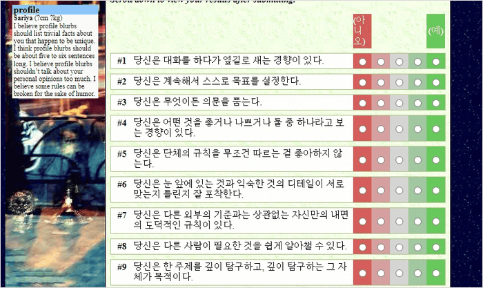 Sakinorva 무료 MBTI 검사 사이트 화면